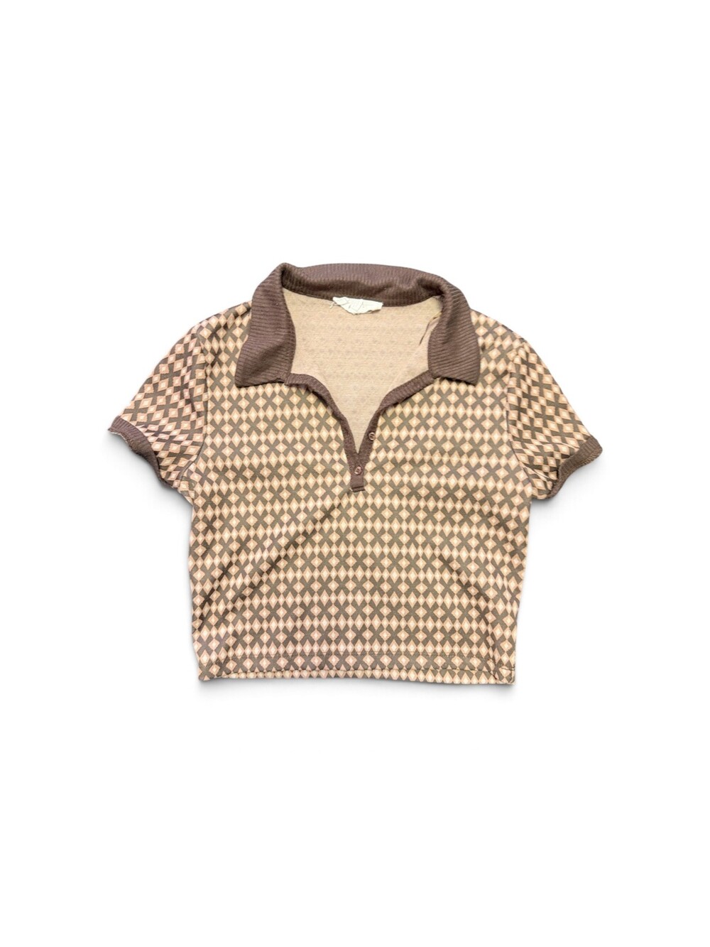 PINK ROSE Brown Beige Diamond Pattern Short Sleeve Knit Polo Shirt